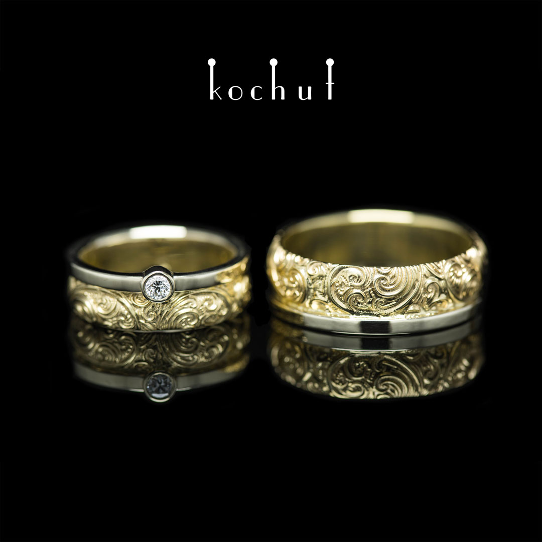 Wedding rings «Invincibility of feelings». 18K White and yellow gold, diamond
