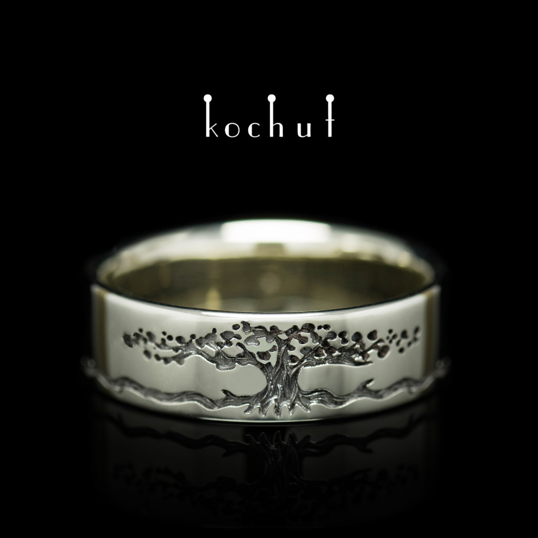 Glossy wedding ring «Tree of Life: stems». White gold, black rhodium