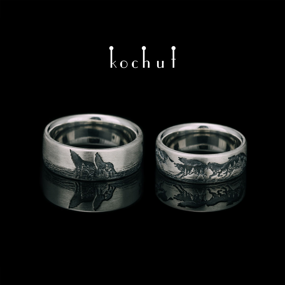 Flat shaped wedding rings «Wolves». Silver, oxidation