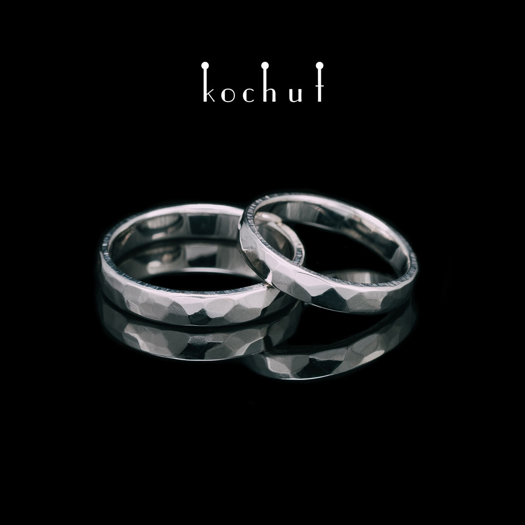 Classic wedding rings with forging Light. White gold, white rhodium