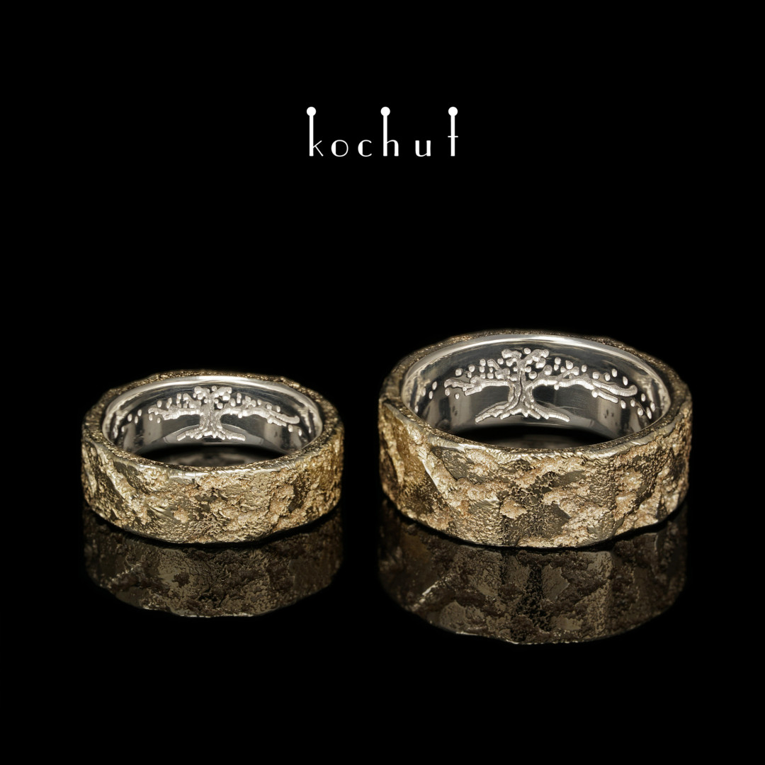 Flat-shaped wedding rings «Body and soul» with the tree of life inside. Silver, fusing yellow gold