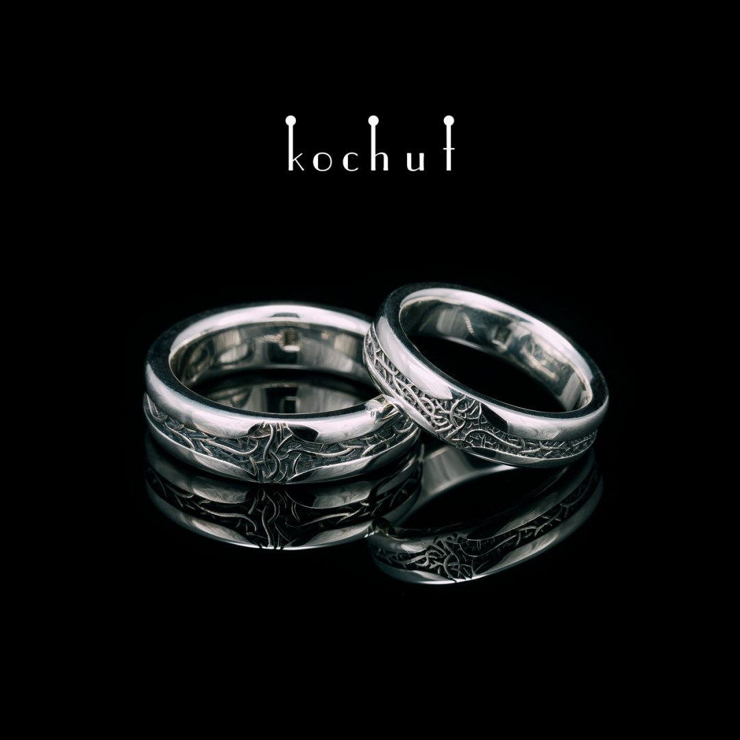 Glossy wedding rings «Noble roots». Silver, oxidation