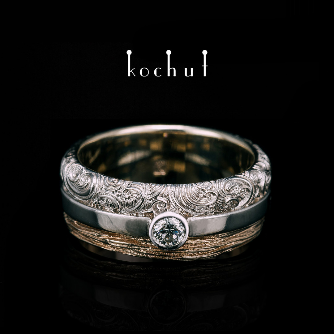 Wedding ring «In joy and sorrow: future». White and red gold, diamond, white rhodium