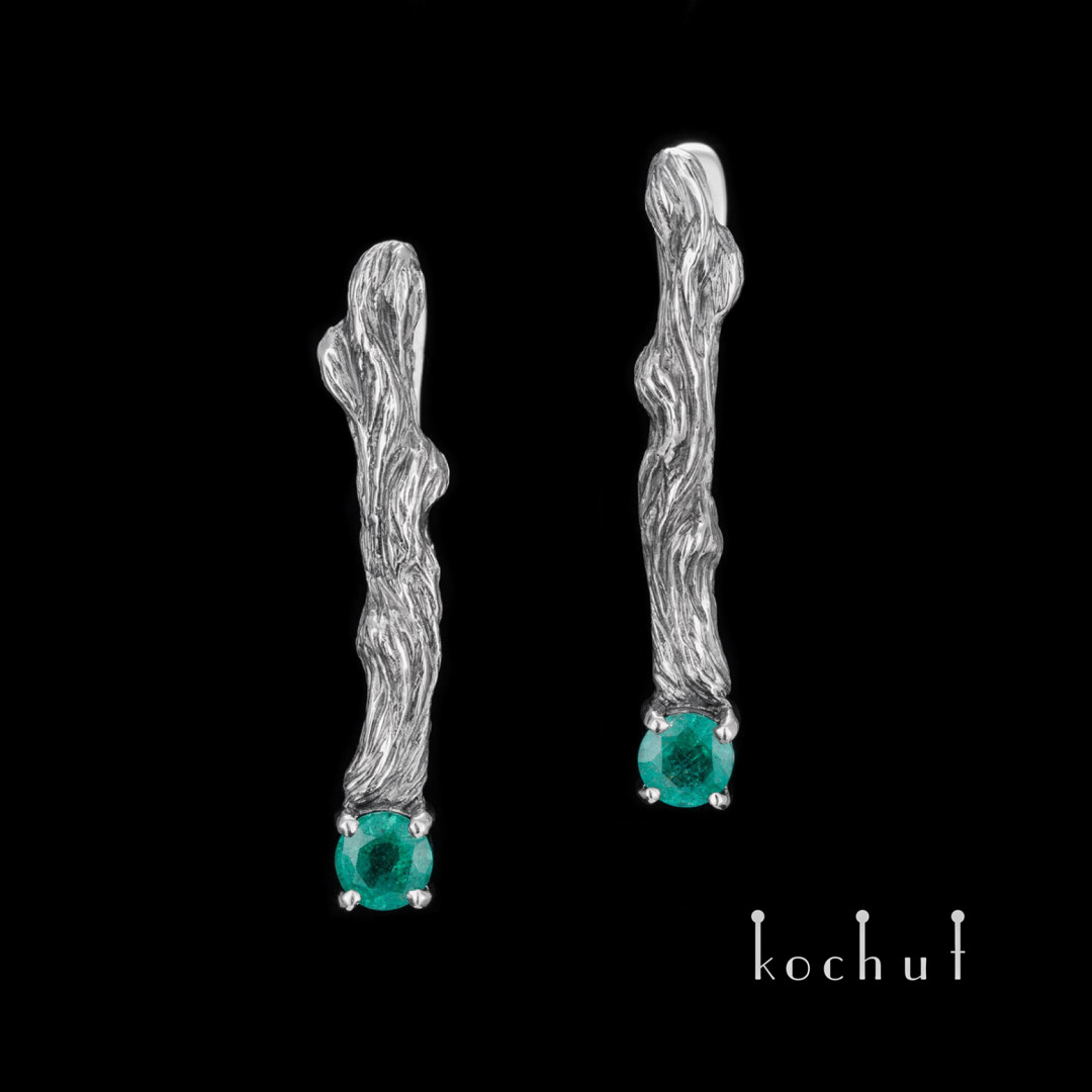 Earrings «Twigs». Silver, oxidized, emeralds