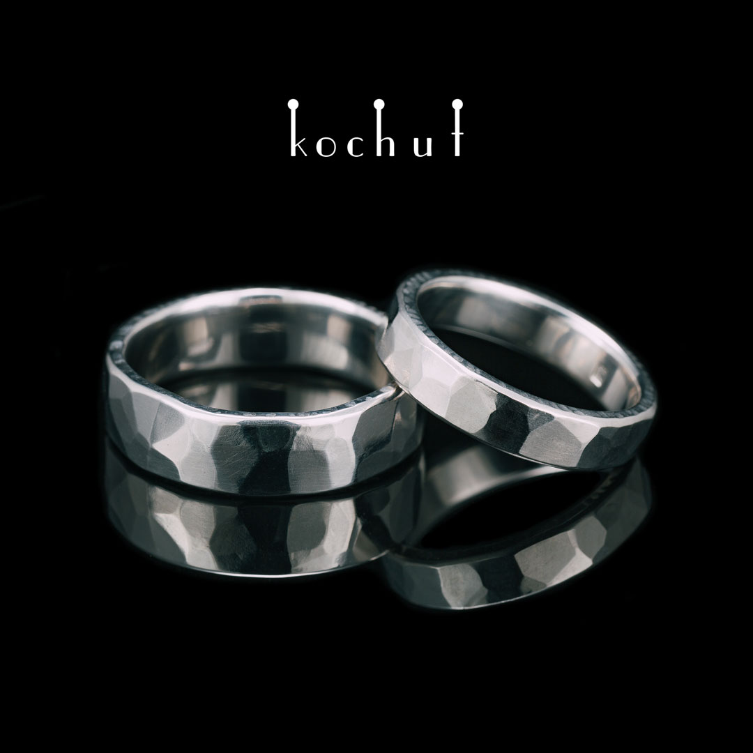 Wedding rings with forging Light. Silver, white rhodium
