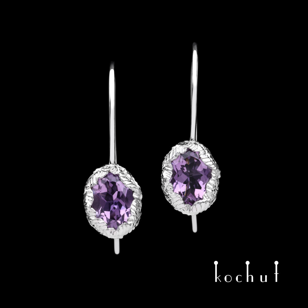 Earrings «Source of life». White gold, amethyst, white rhodium