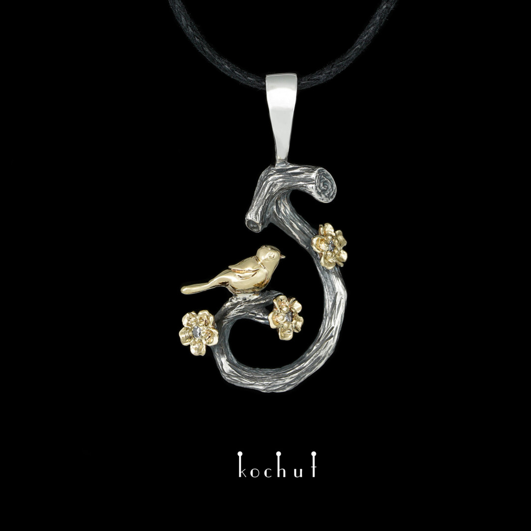 Pendant «Bird on a twig with flowers. Spring». Silver, gold, diamonds, oxidation