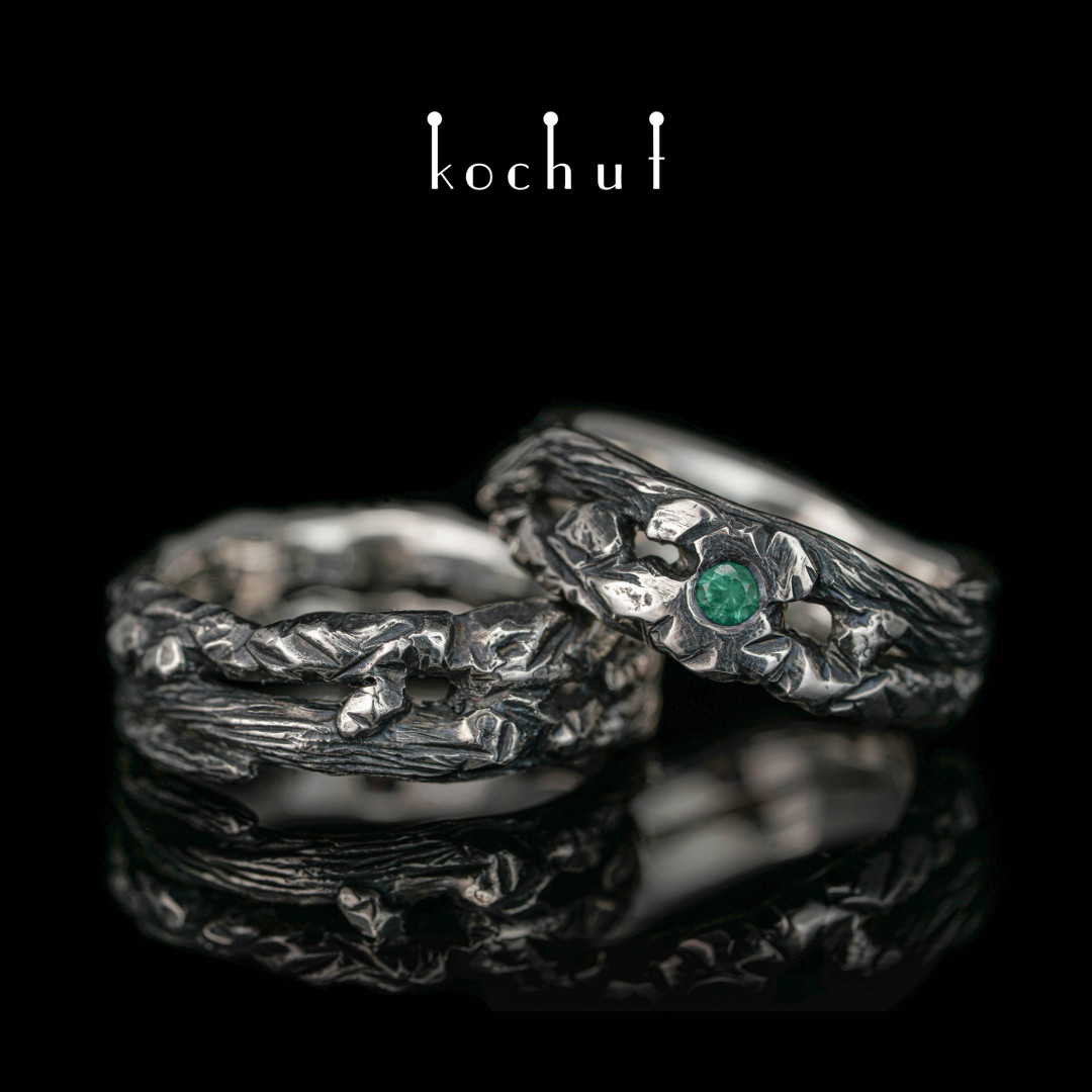 Wedding rings «Stone and twig». Silver, emerald, oxidation