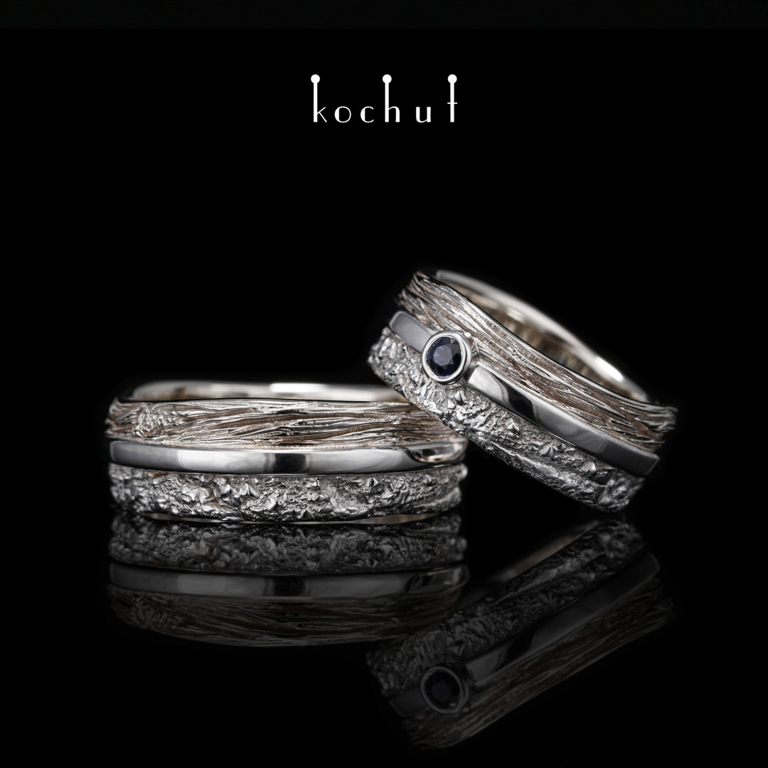 Wedding rings «In joy and in sorrow». White gold, silver, white rhodium, sapphire