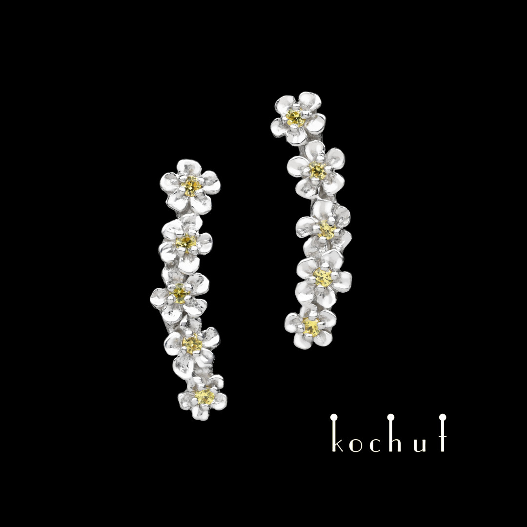 Cuffs earrings «Flower tiara». Silver, yellow gold, white rhodium, yellow sapphires