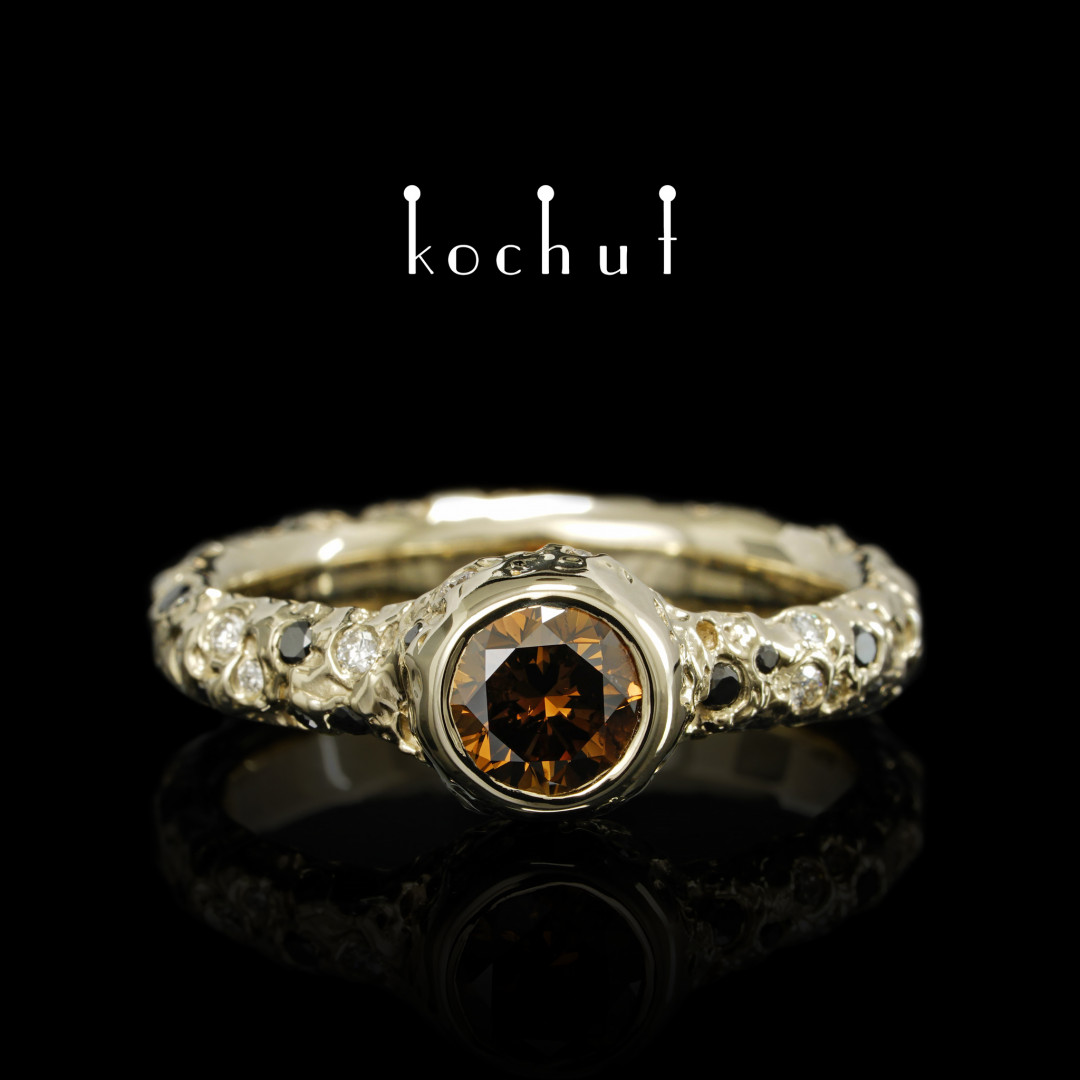 Engagement ring «Saturn». White gold, black and white diamonds
