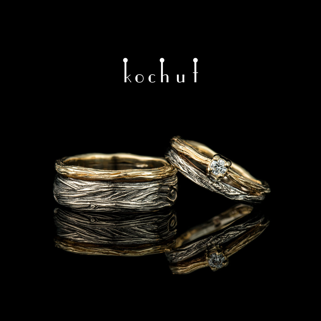 Wedding rings «Eye of the forest». White and yellow gold, diamond