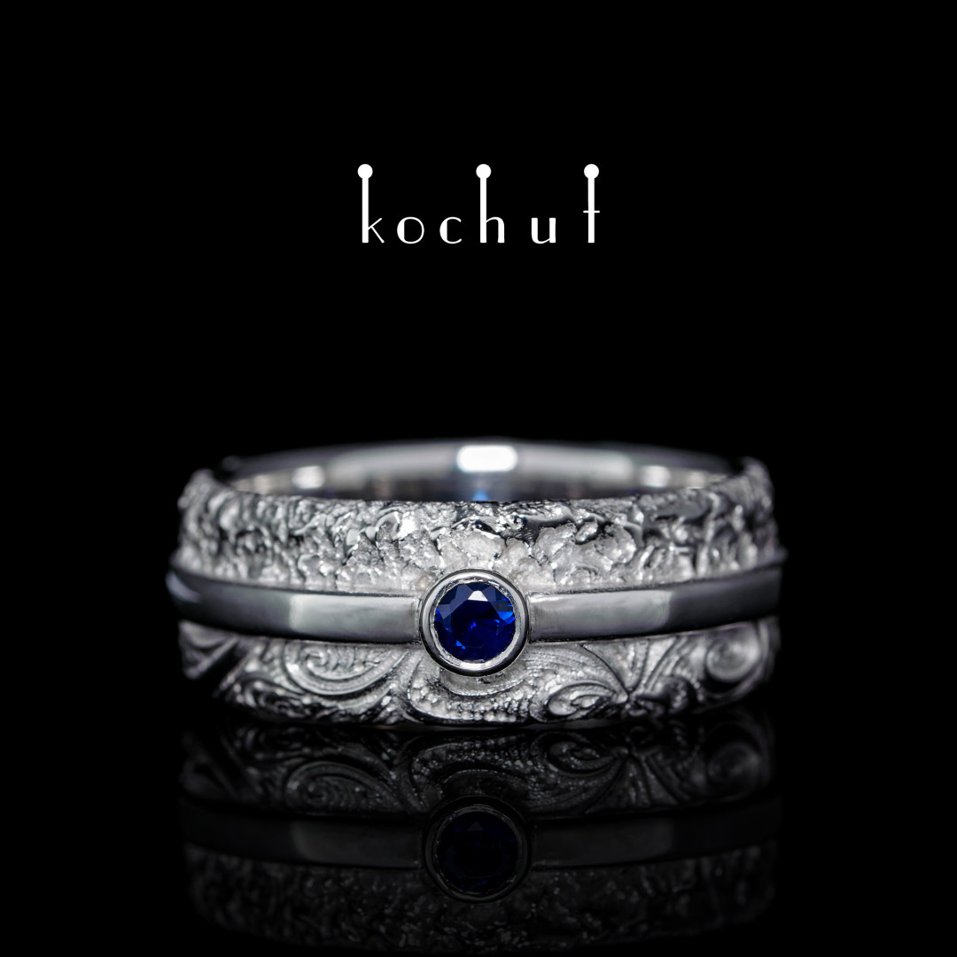 Wedding ring «In joy and in sorrow.» Silver, white rhodium, sapphire 