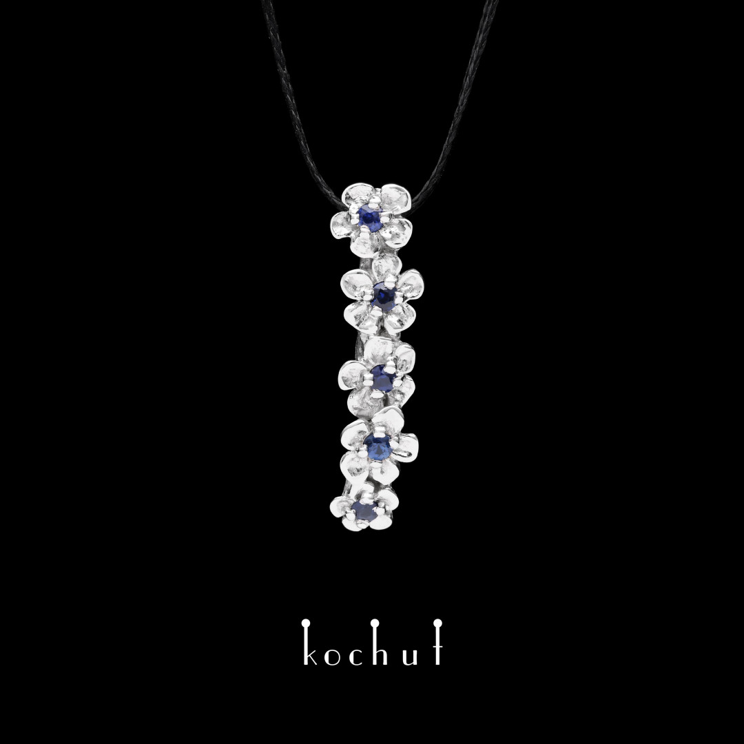 Pendant «Flower tiara». Silver, white rhodium, blue sapphires