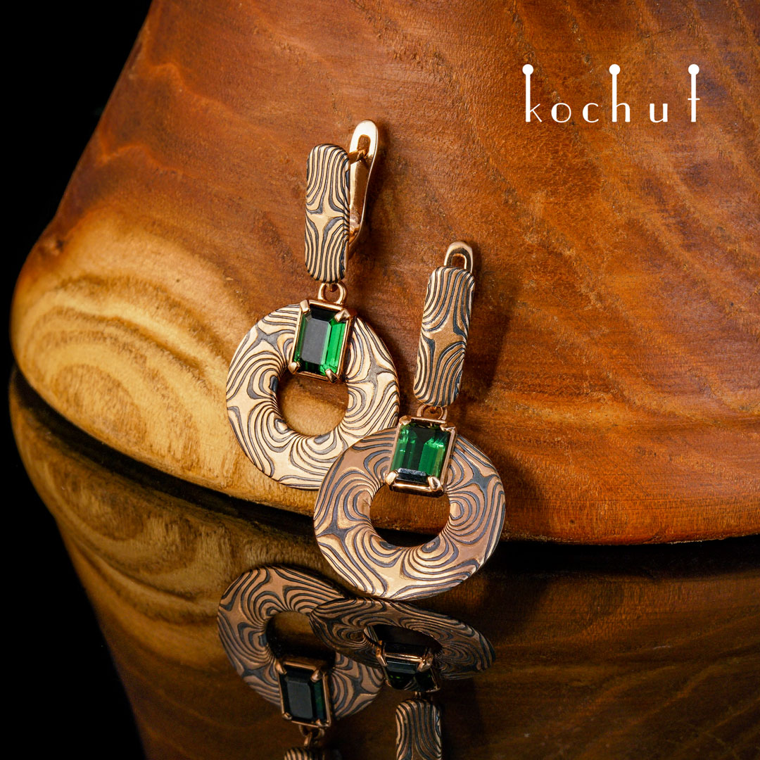 Precious astrolabe — mokume tourmaline earrings