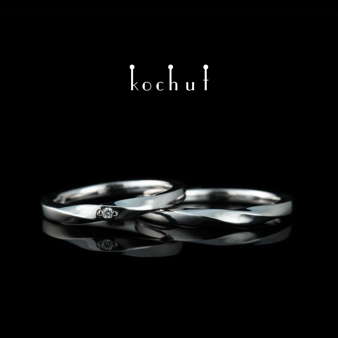 Narrowed wedding rings «Mobius ribbon». White gold, diamond, white rhodium