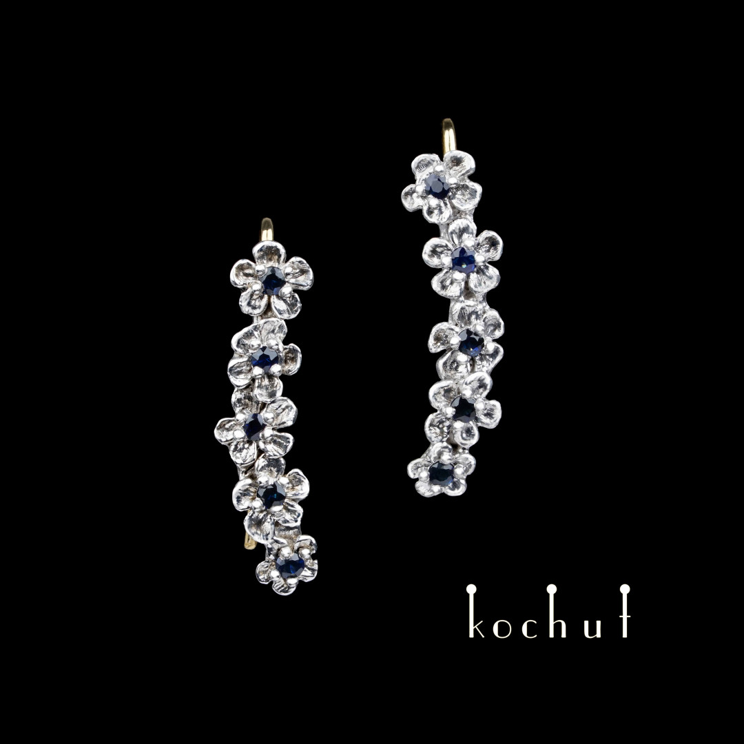 Cuffs earrings «Flower tiara». Silver, yellow gold, white rhodium, blue sapphires
