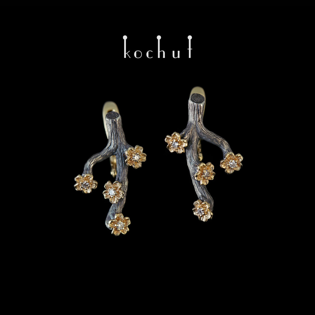 Earrings "Twigs and Flowers". Silver, yellow gold, oxidized, diamonds