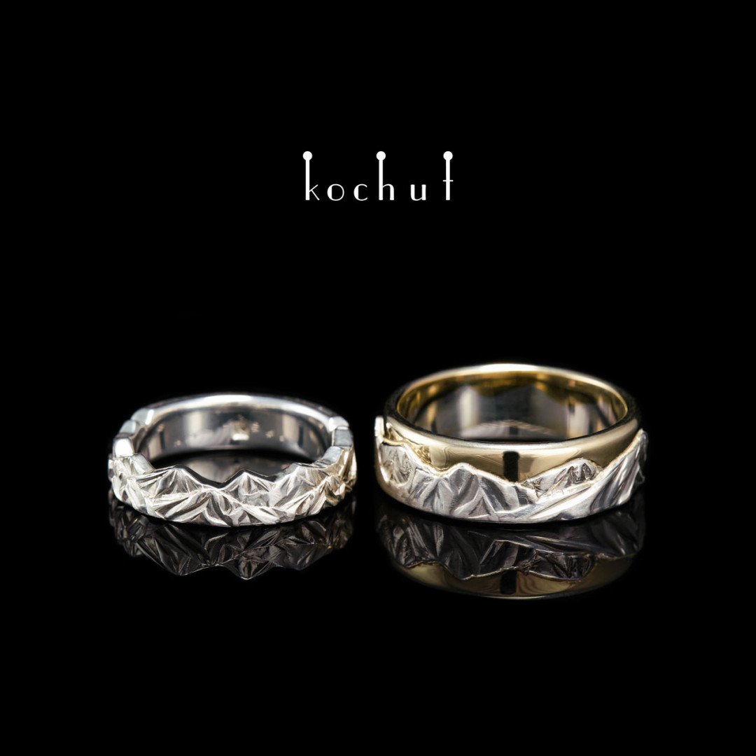Wedding rings «Peaks of Love». Silver and yellow gold