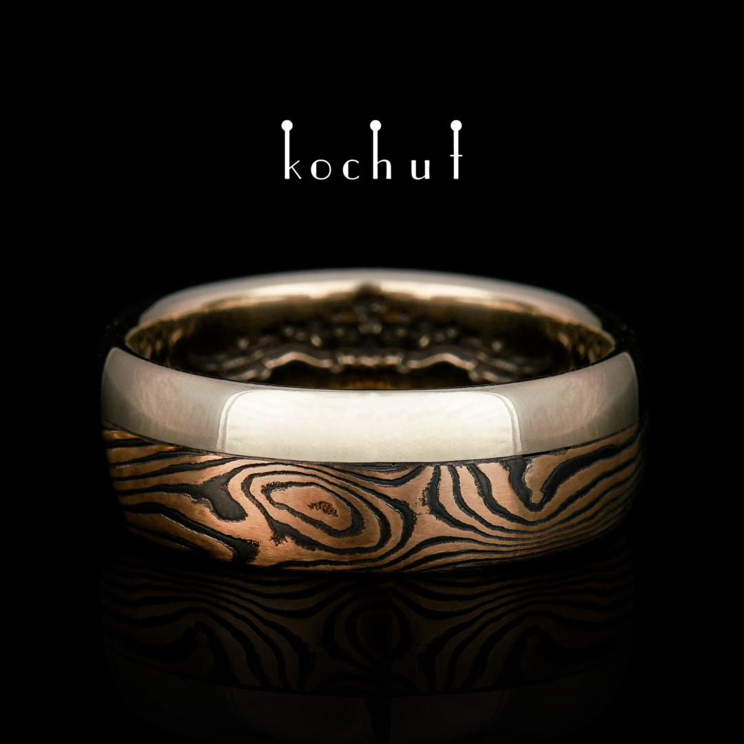 Mokume wedding ring «Bonsai». Red and white gold, etched silver, oxidation, black rhodium
