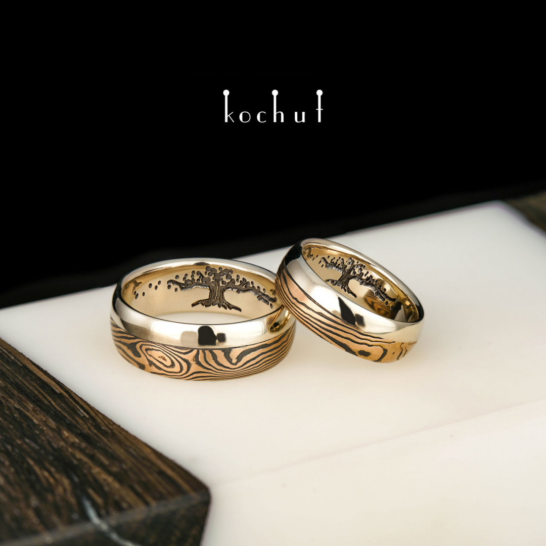 Mokume wedding rings «Bonsai». Red and white gold, etched silver, oxidation, black rhodium