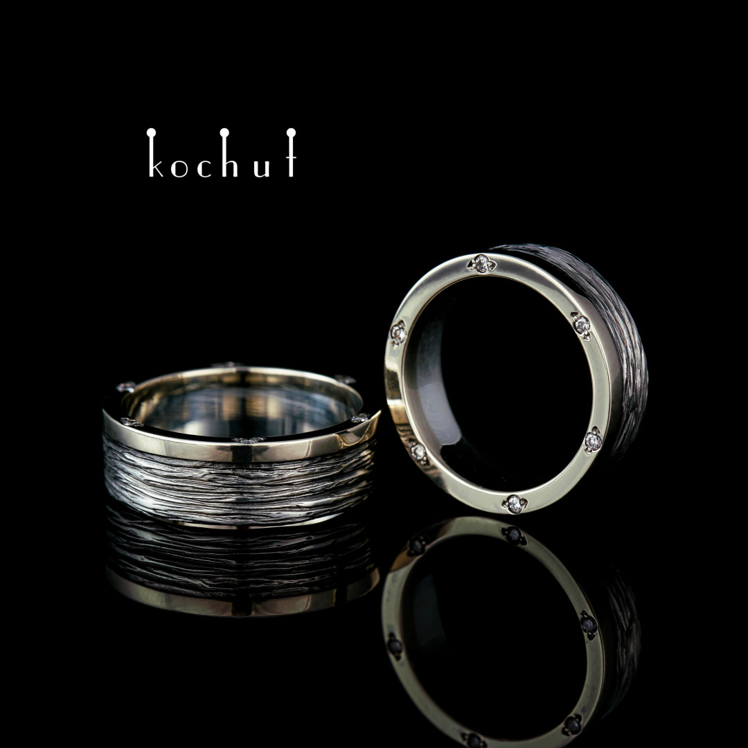 Wedding rings «Tree bark. With a rim». White gold, silver, oxidation, diamonds