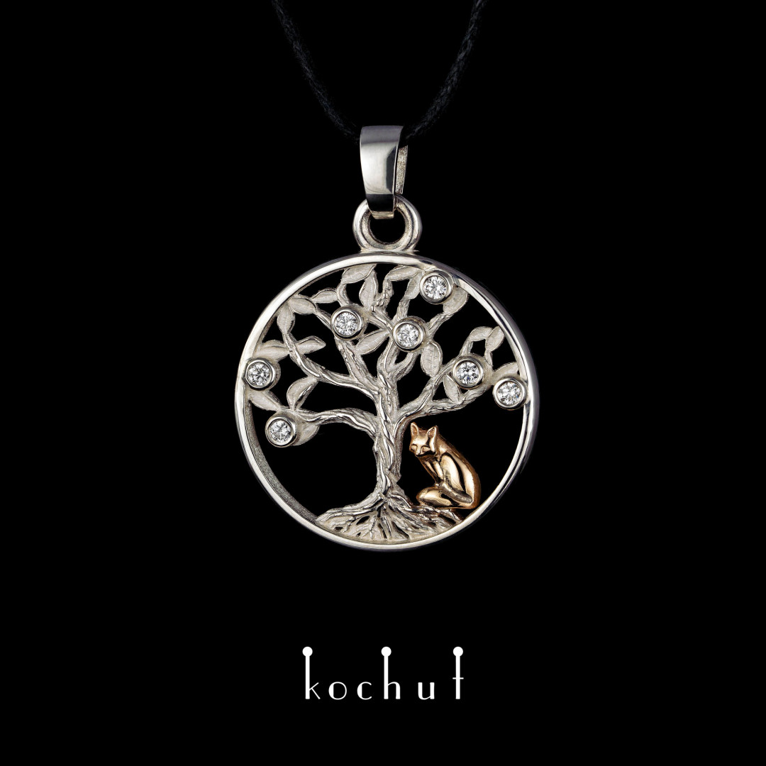 Pendant «Tree of Life with a fox». Silver, red gold, diamonds