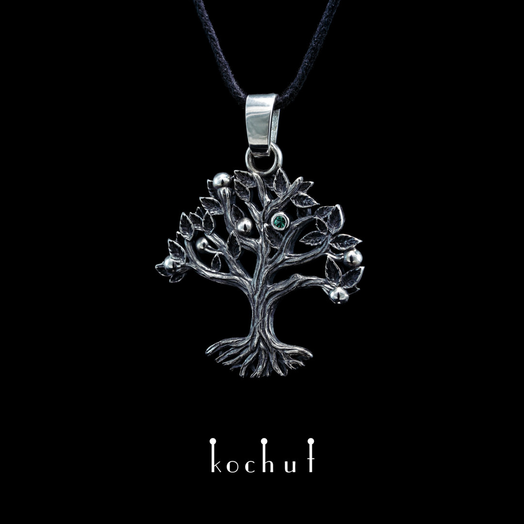 Pendant «Paradise tree». Silver, oxidized, emerald