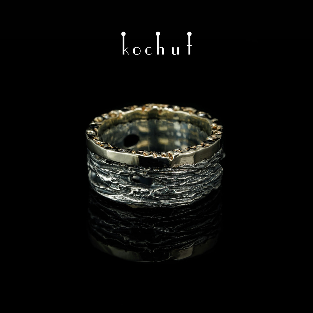 Ring «Tree bark. With a rim». White gold, silver, diamonds, oxidation