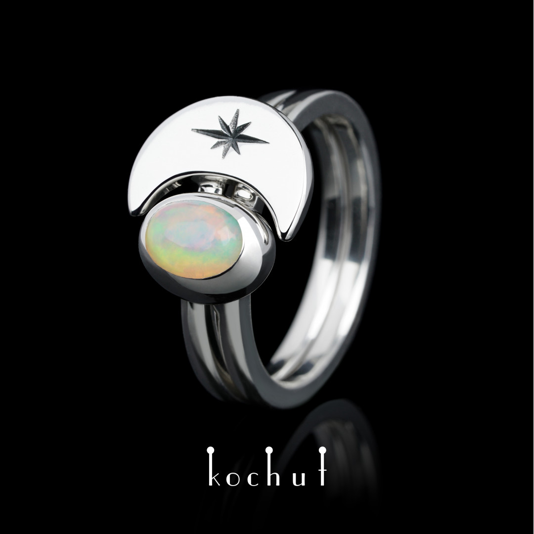 Ring «To the moon and back». Silver, opal, oxidized