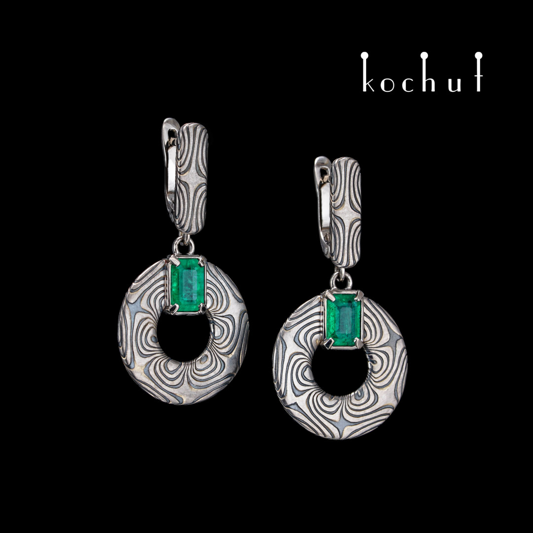 Valuable astrolabe — mokume earrings with emeralds