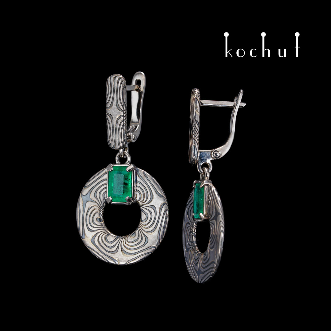Valuable astrolabe — mokume earrings with emeralds