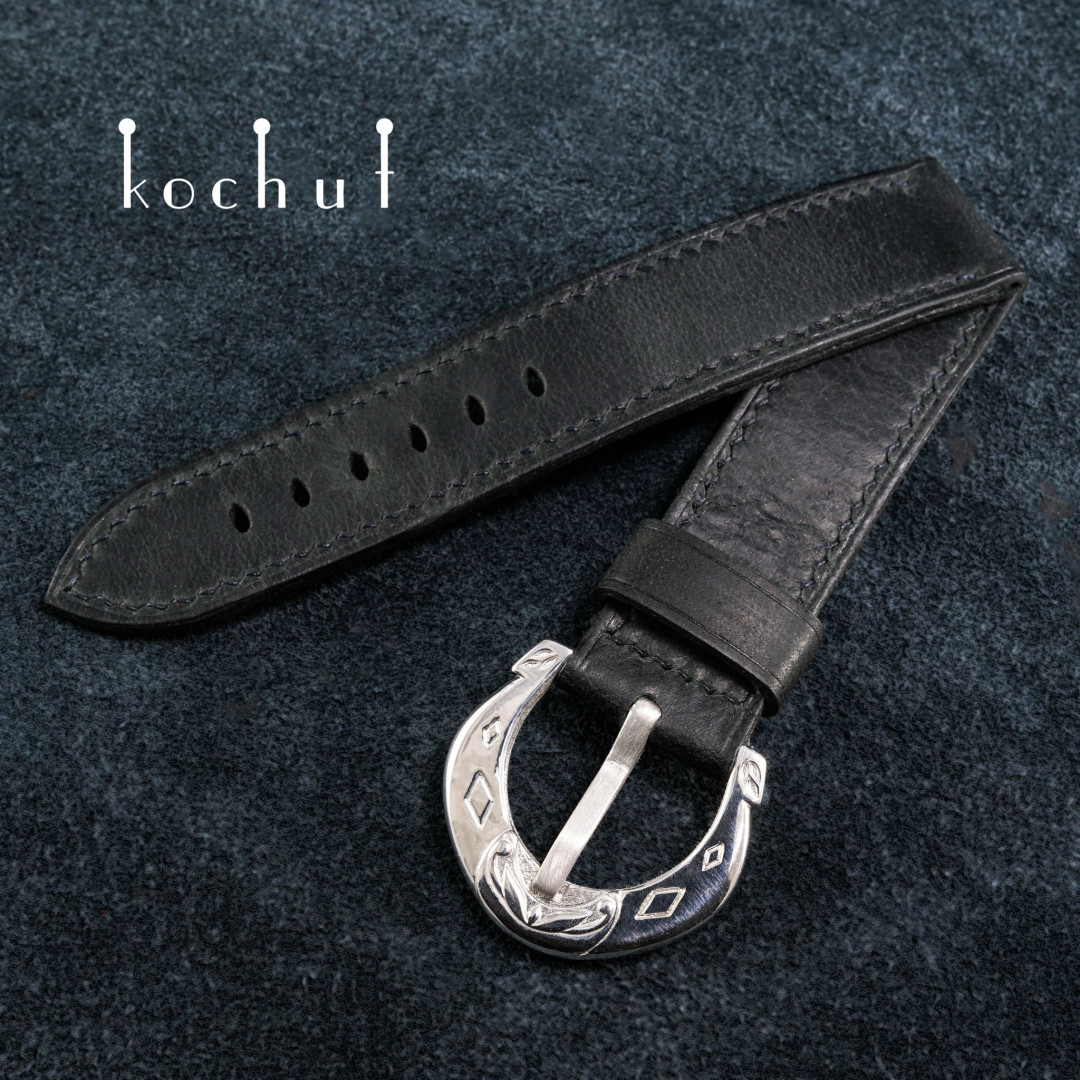 Leather strap for the clock «Luck». Silver, leather, white rhodium