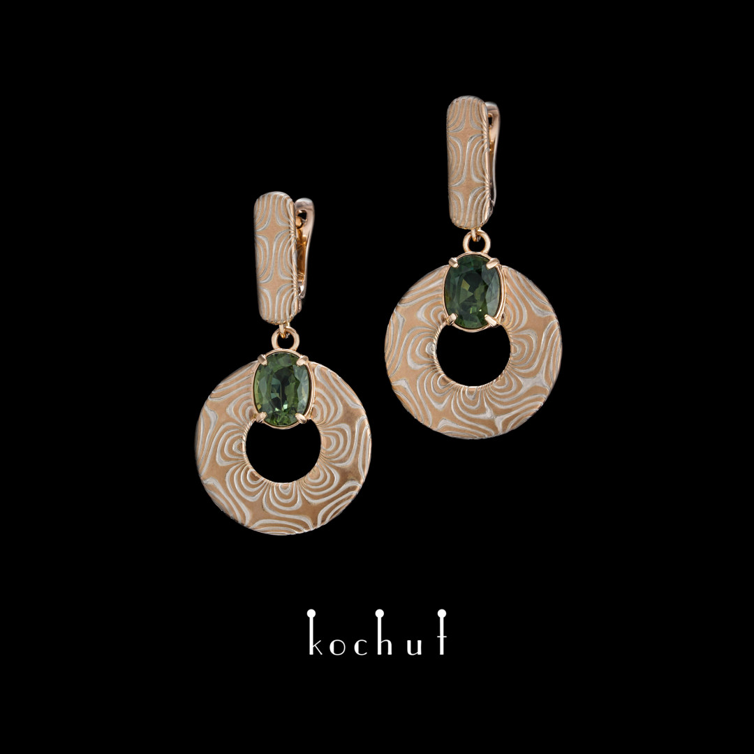 Mokume earrings «Precious Astrolabe». Red gold, etched silver, green sapphire