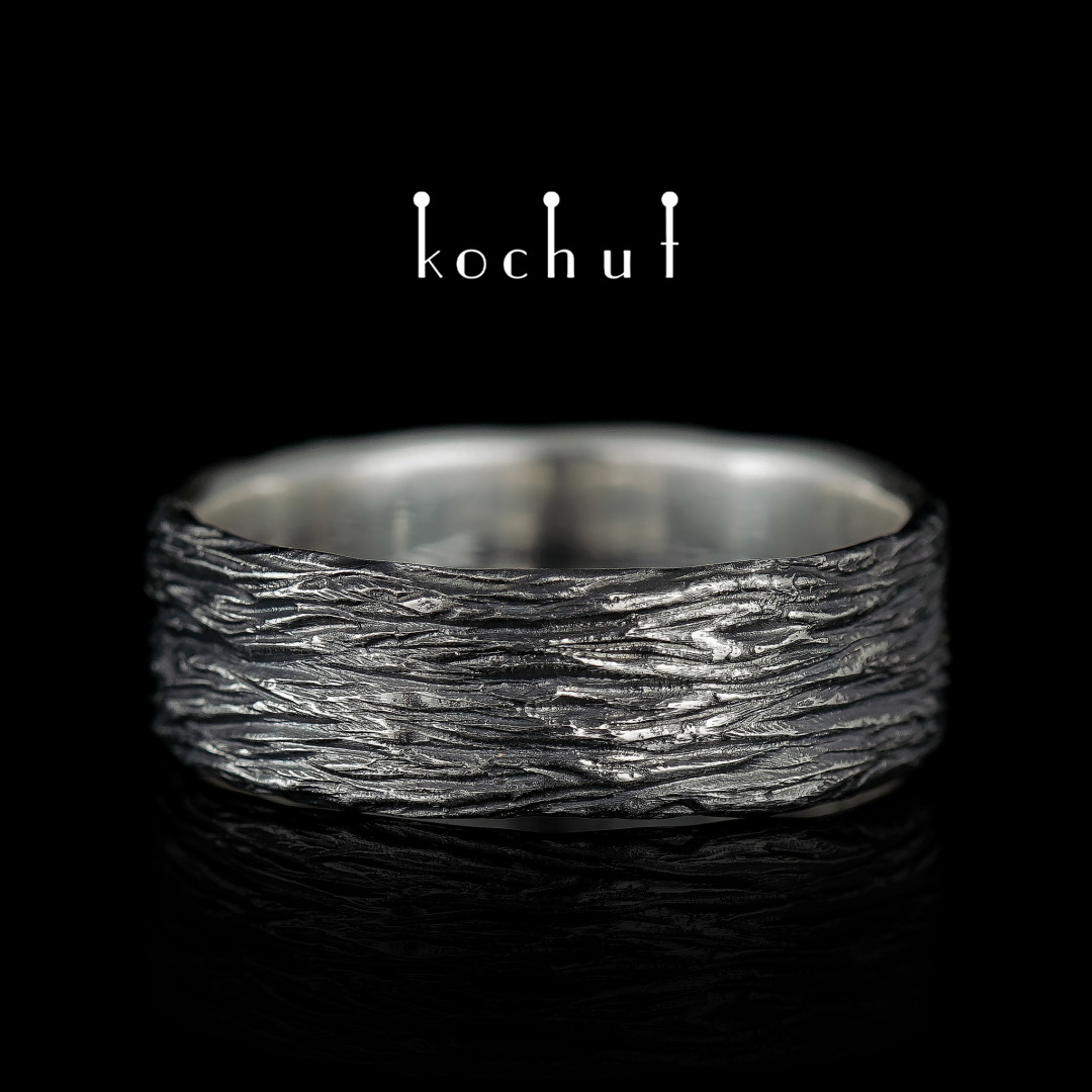 Flat-shaped wedding ring «Bark of the tree». Sterling silver, oxidation