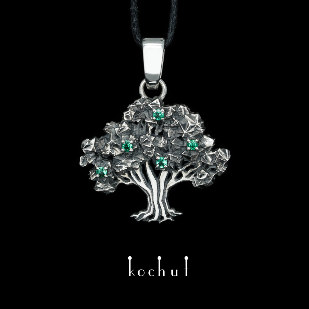 Pendant «World tree». Silver, emeralds, oxidized