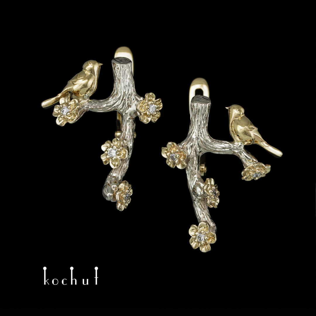 Earrings «Birds and Flowers». White, yellow gold, diamonds