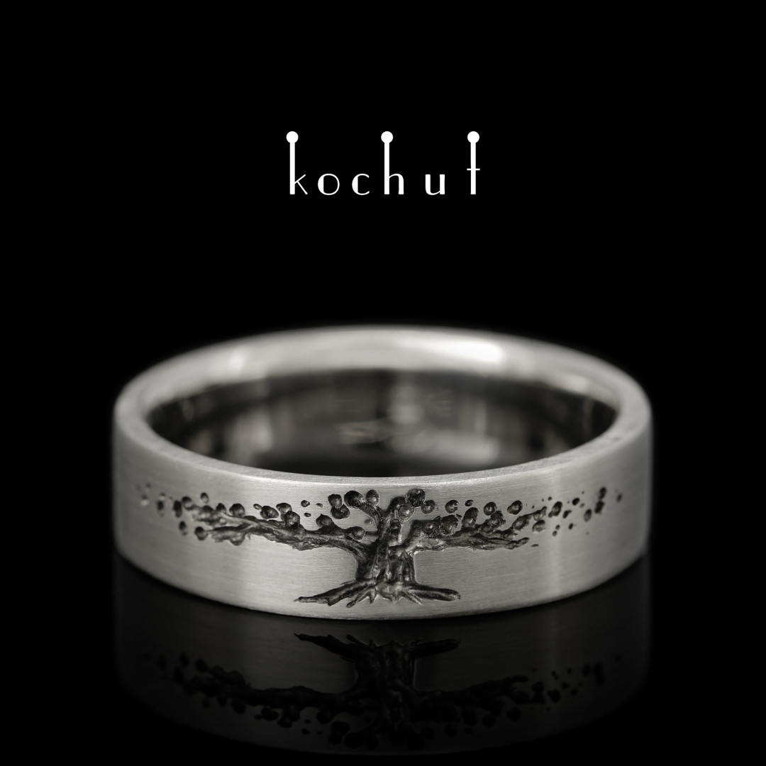 Flat-shaped wedding ring «Tree of Life». 23K Platinum, black rhodium