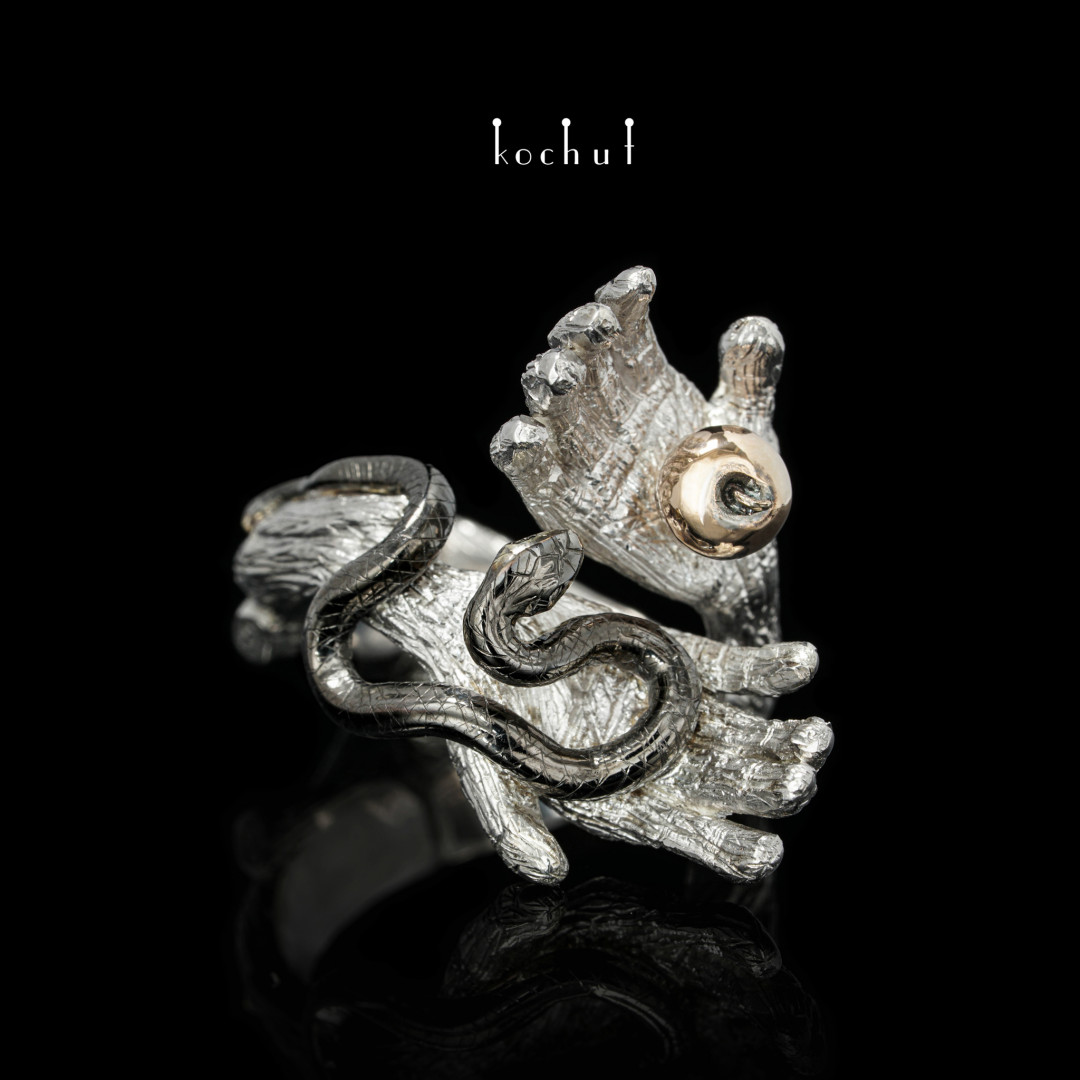 Ring «Forbidden Fruit». Yellow and red gold, silver, white and black rhodium