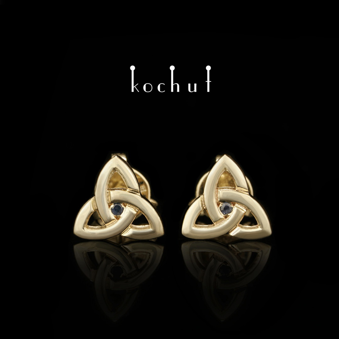 Earrings-studs «Celtic lace». Yellow gold, sapphires