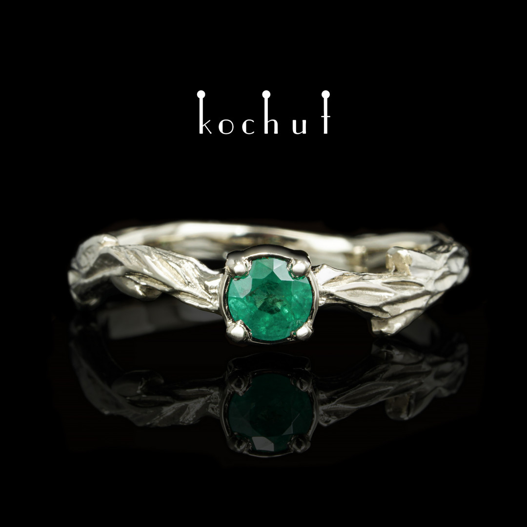 Ring «March twig». White gold, emerald