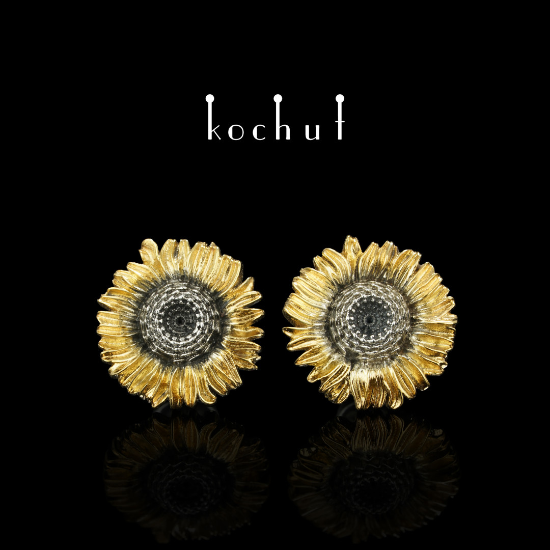 Earrings «Flowers of the Sun». Silver, oxidation, gilding