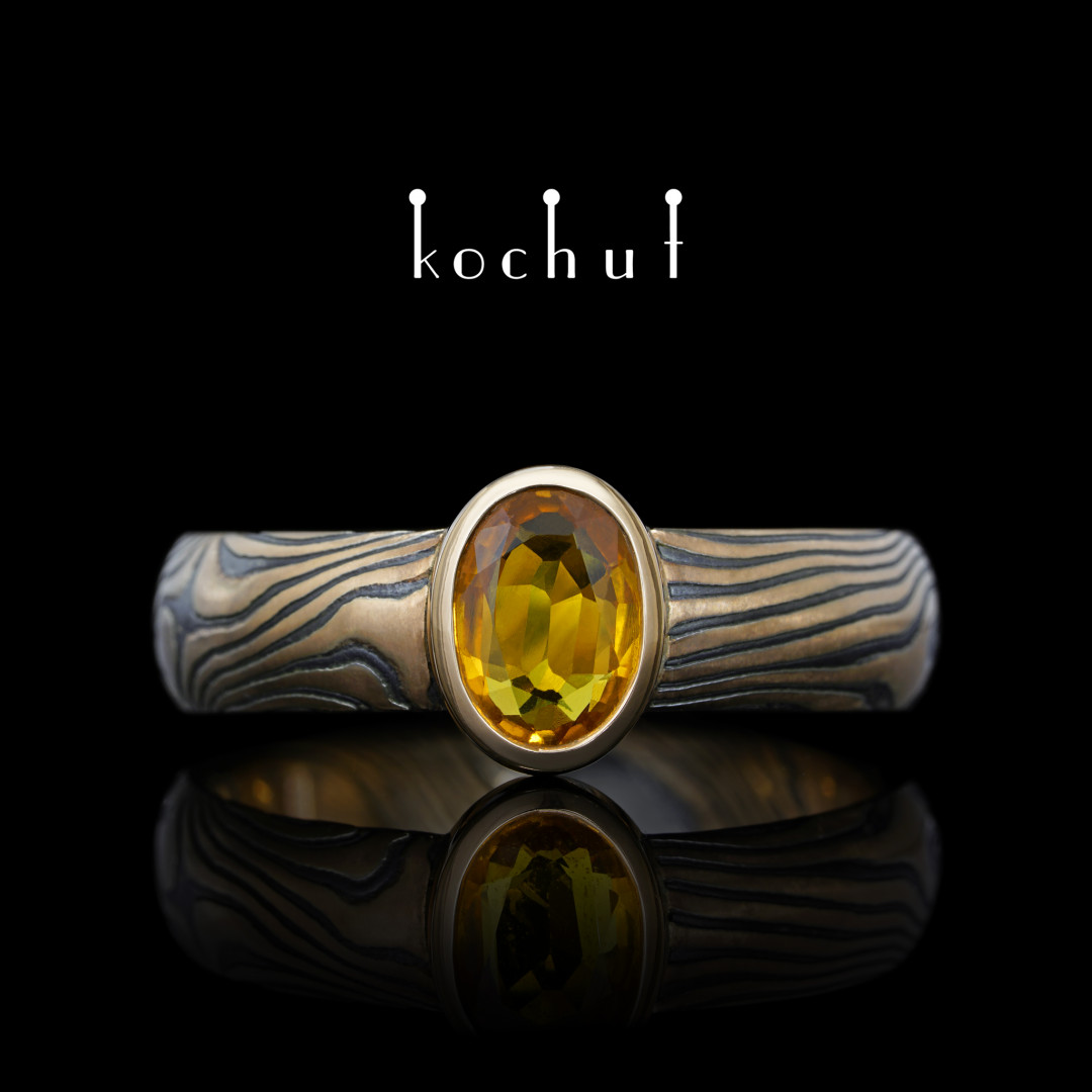 Ring mocume «Sophora. Nectar». Red gold, etched silver, oxidation, yellow sapphire