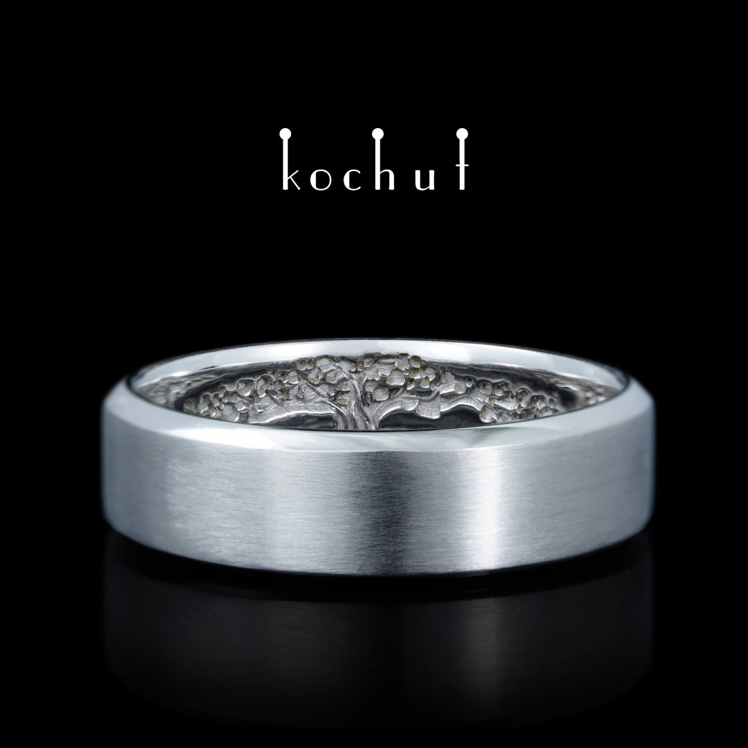 Flat shaped wedding ring «Tree of life: stems». White gold, white rhodium