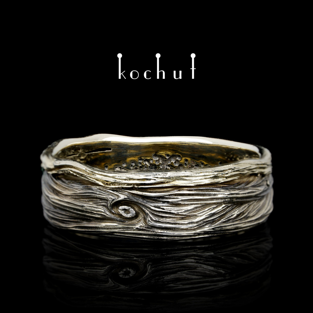 Wedding ring «Eye of the forest with tree of life». White, yellow gold, black rhodium