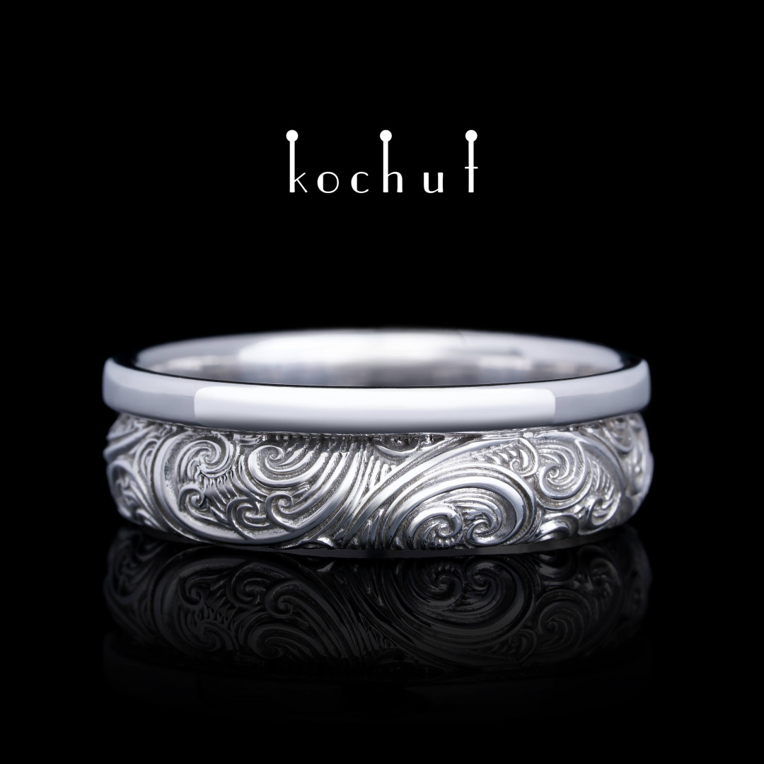 Wedding ring «Invincibility of feelings». White gold, white rhodium
