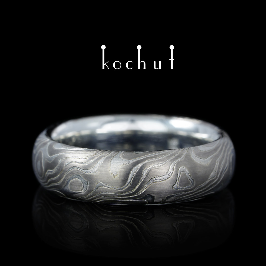 Mokume wedding ring «Sophora». Palladium gold, etched silver