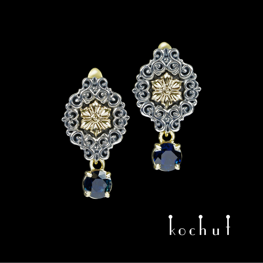 Earrings «Notre-Dame». Silver, yellow gold, sapphires, oxidized