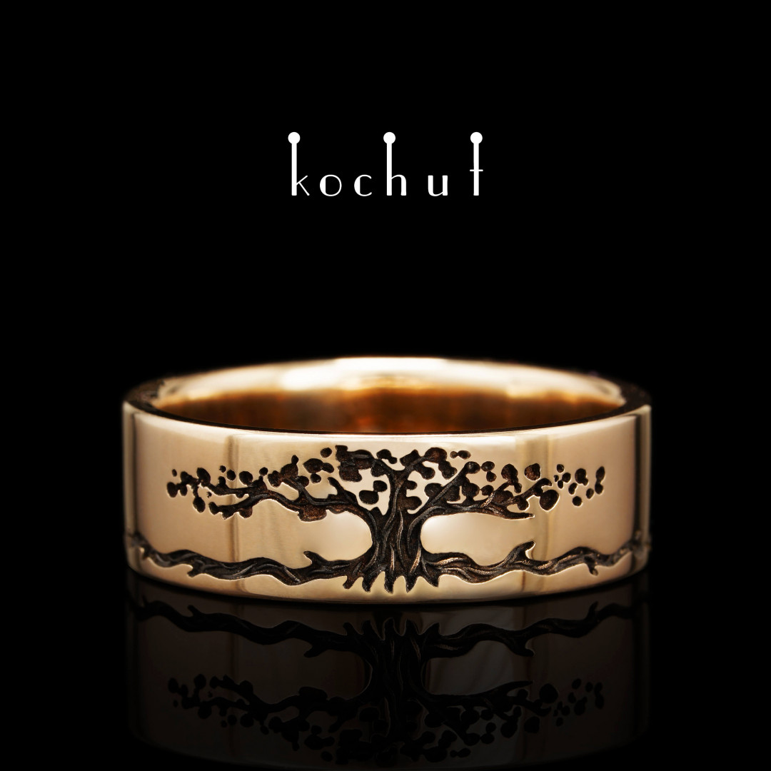 Glossy wedding ring «Tree of Life: stems». Red gold, black rhodium