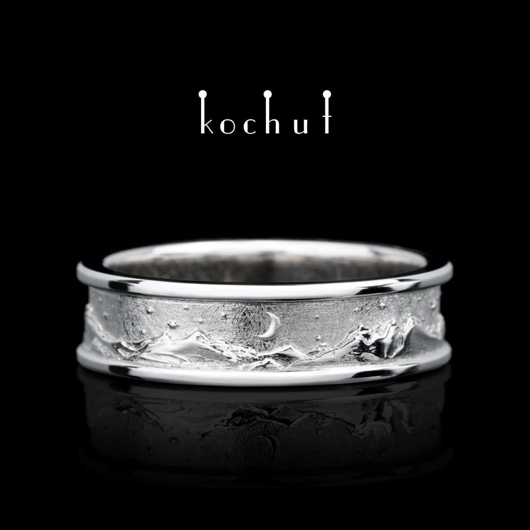 Wedding ring "Peaks of Love: sun and moon". White gold, white rhodium